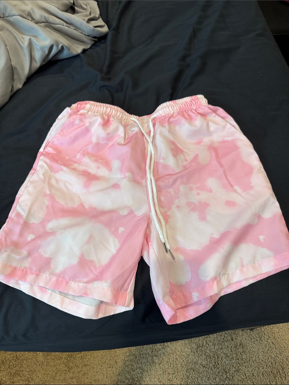 ROMWE Pink and White Tie-Dye Elastic Waist Shorts